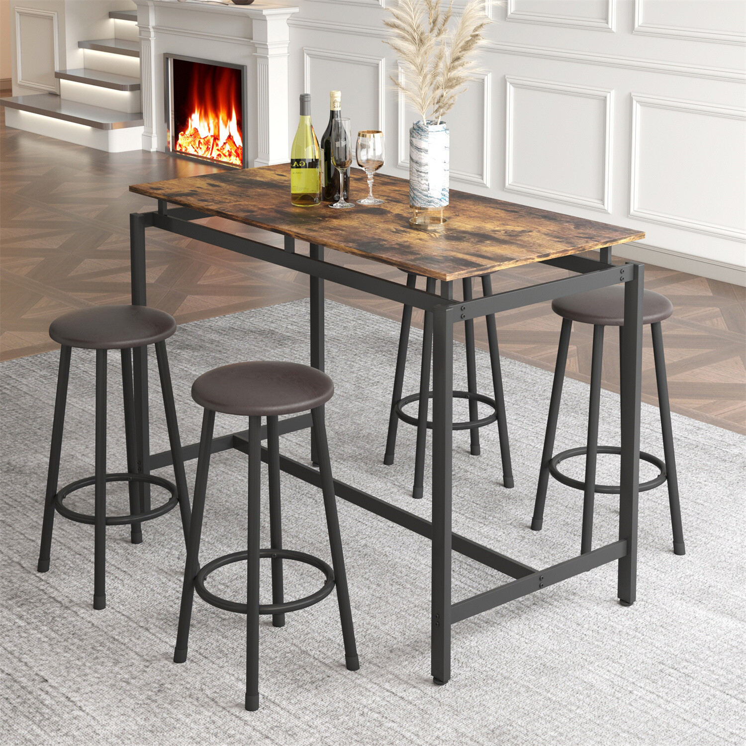 3/5 Piece Bar Table Set Counter Height Kitchen Dining Pub Table with Bar Stools
