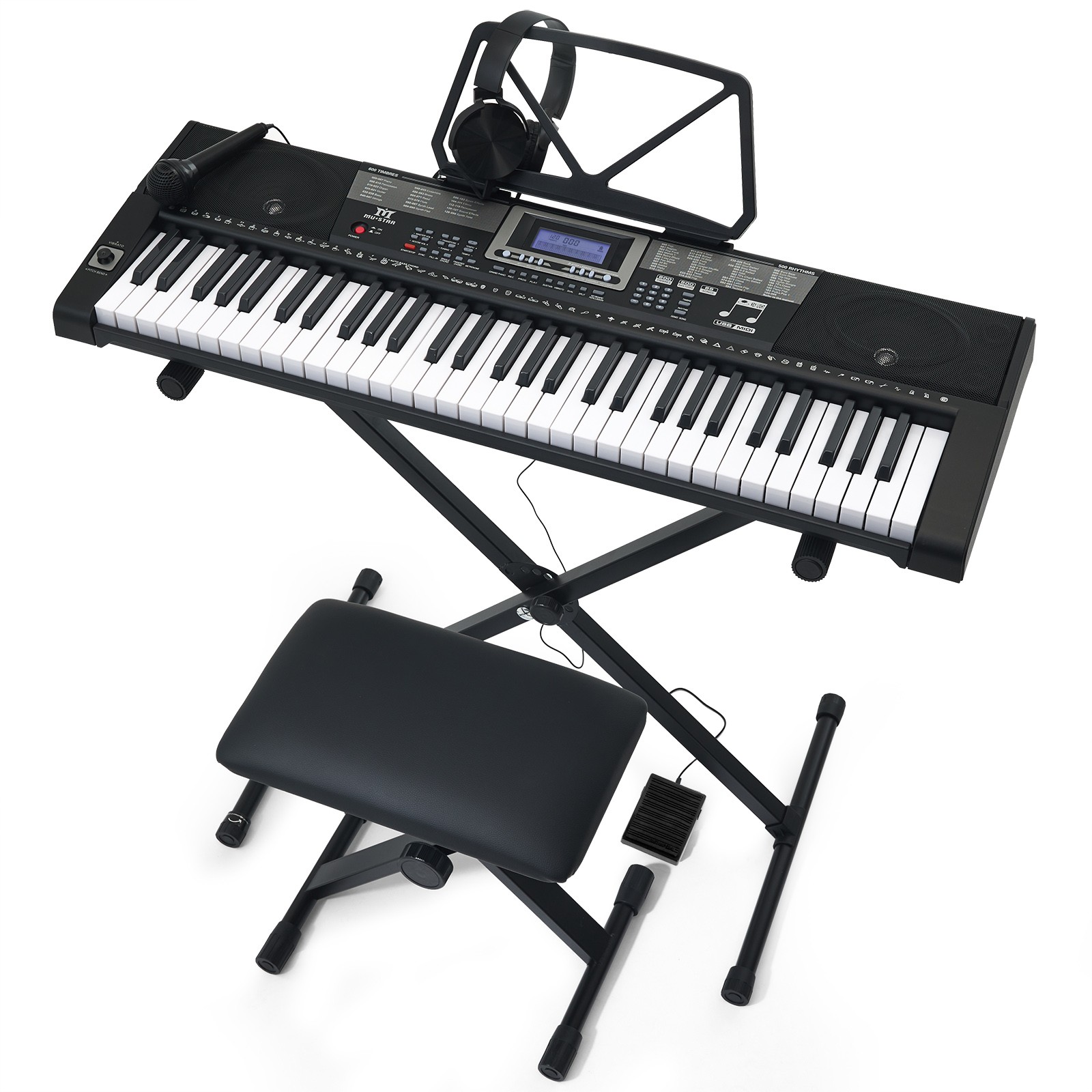 Black 61Keys Lighted-Up Piano Keyboard w/Stool,Stand,USB MIDI,Headset,Microphone