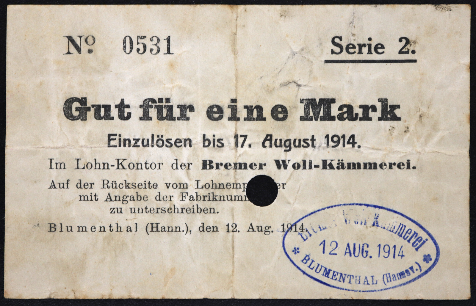 BLUMENTHAL 1914 "Bremer Woll-Kämmerei" 1 Mark Series 2 WWI German Notgeld