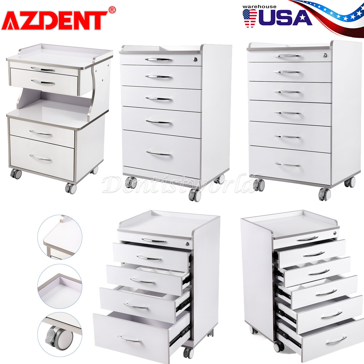 3/4/5 Drawers Medical  Dental Mobile Cabinet Rolling Trolley Cart & 360° wheels