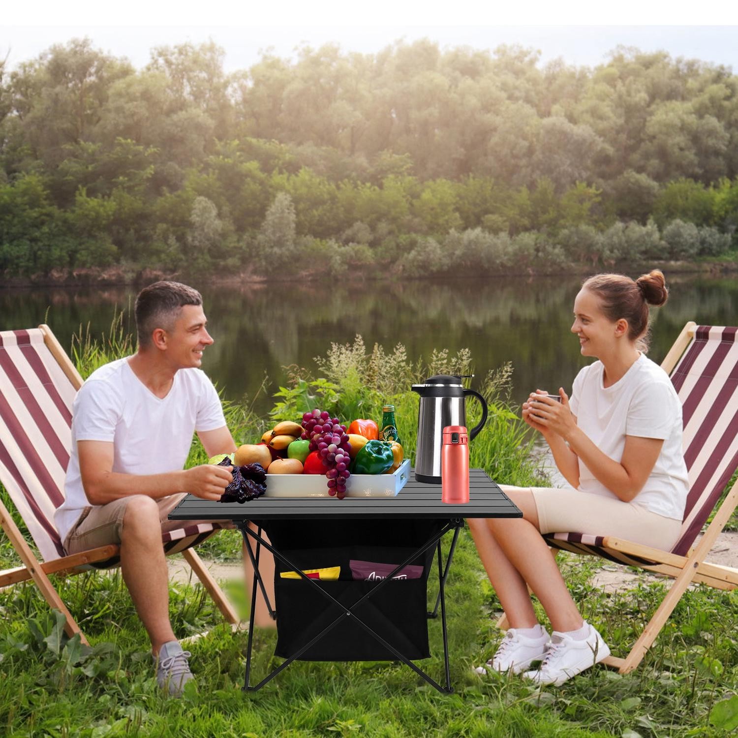 Foldable Camping Table Portable Rustproof Aluminum Alloy Roll-Up Table w/ Basket