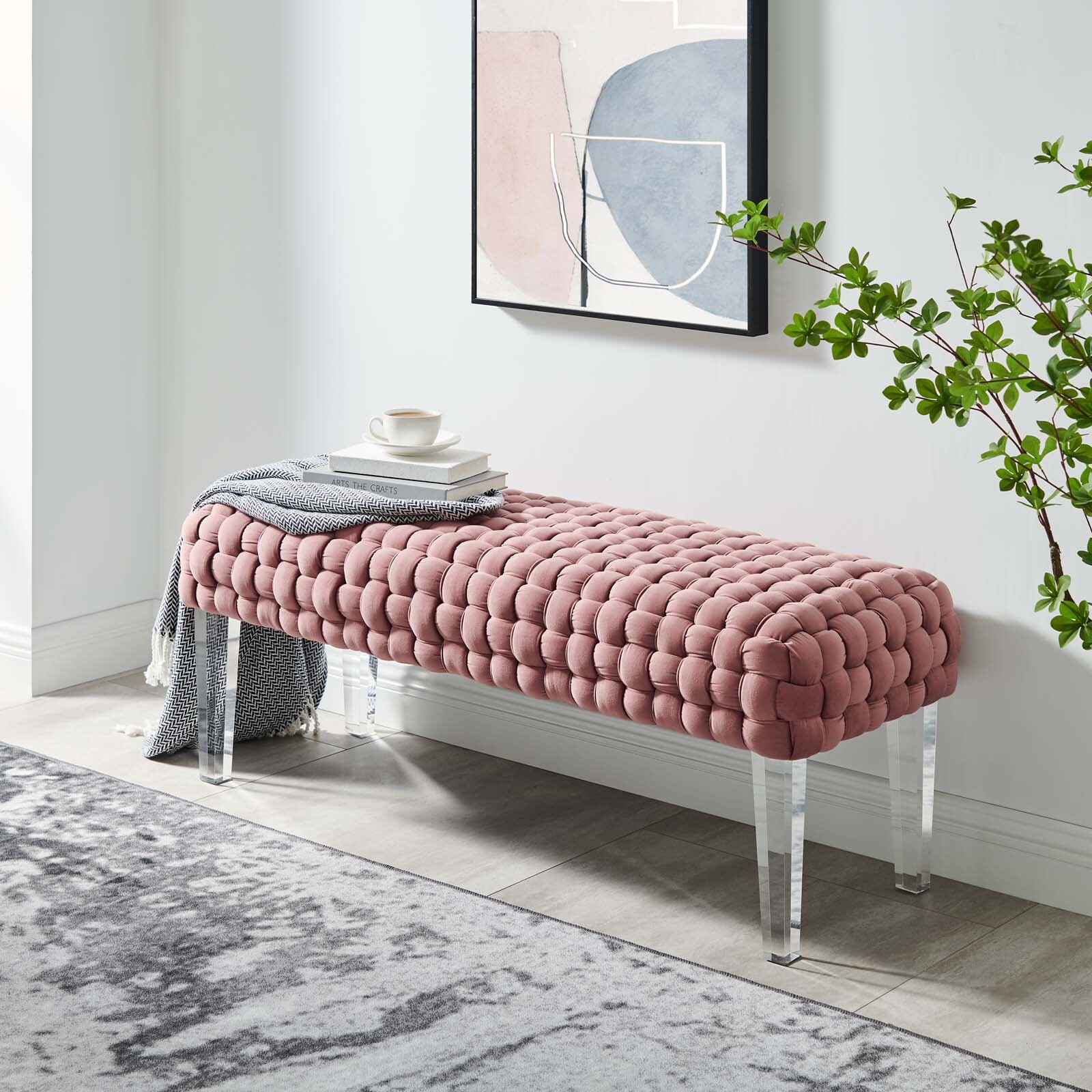 Modway Prologue Braided Velvet Ottoman in Dusty Rose