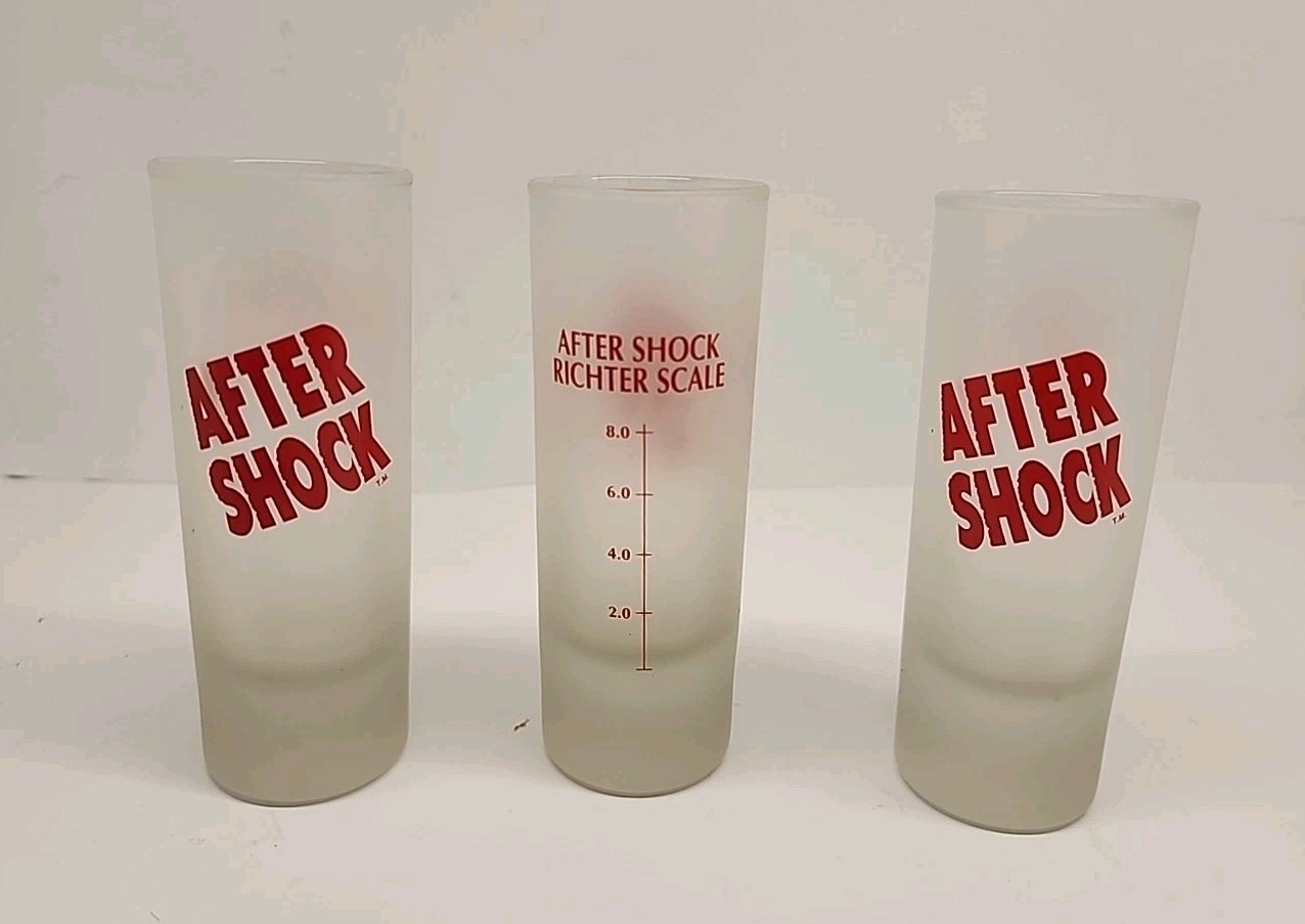 VG Aftershock Shot Glass With Richter Scale. 4" Tall. Set Of 3