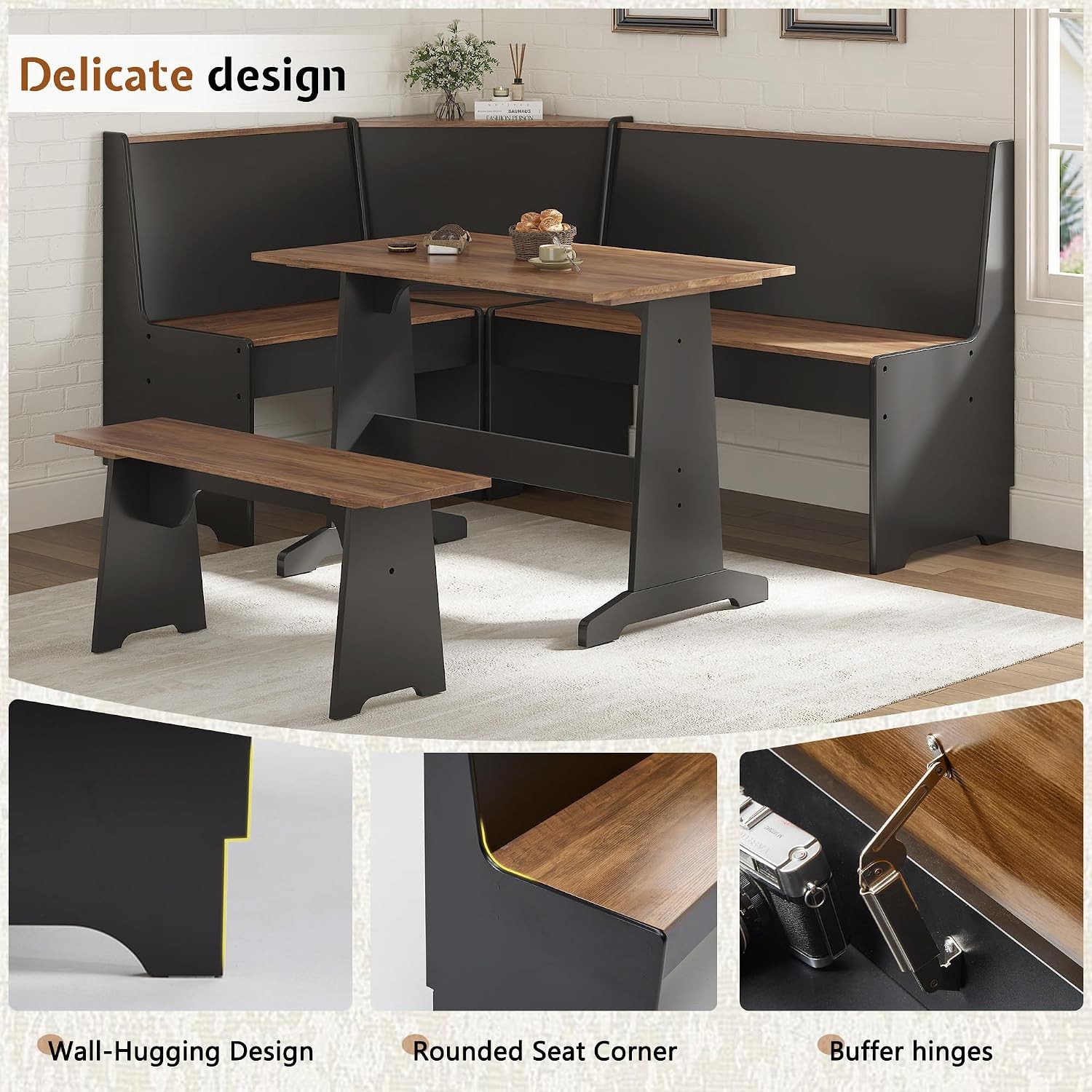 3 Pieces Corner Dining Table Set W/ Hidden Storage L-Shaped Breakfast Nook W/