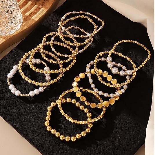 Gold Pearl Beaded Bracelets for Women,Gold Pearl Stackable Stretch Bead