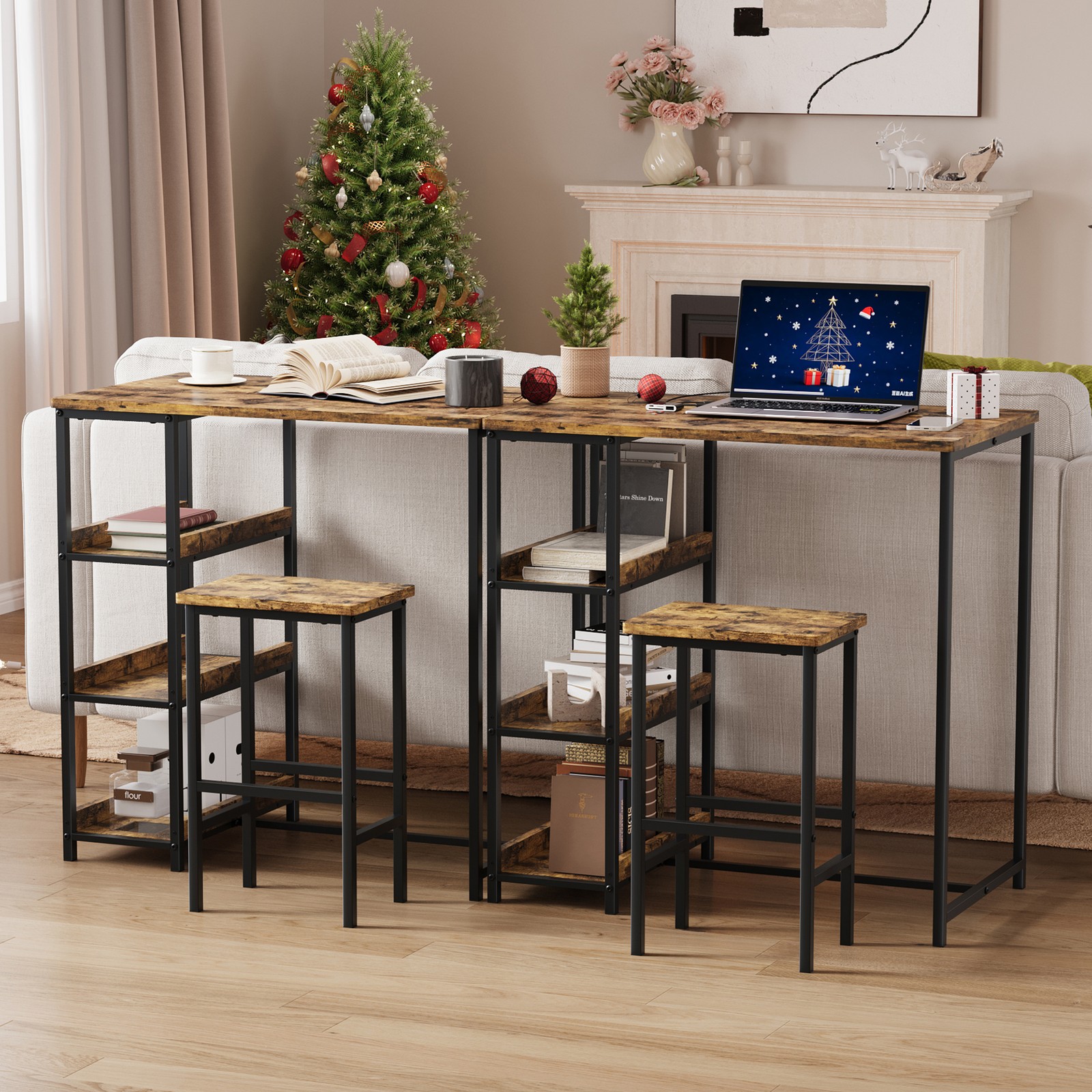 3-Piece Kitchen Table Set with Storage Shelves & 2 Bar Stools for Small Spaces
