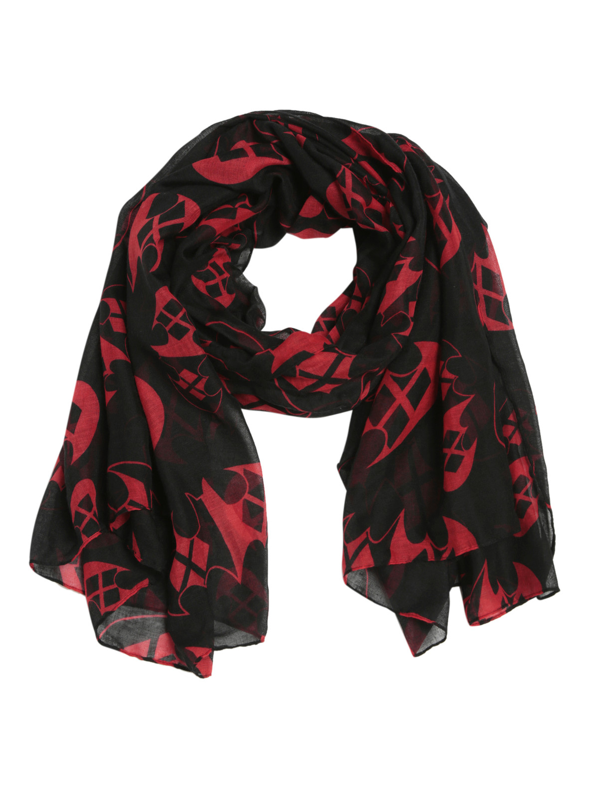 DC Comics Batman Harley Quinn Logo All Over Print Sheer Scarf Black Red NWT