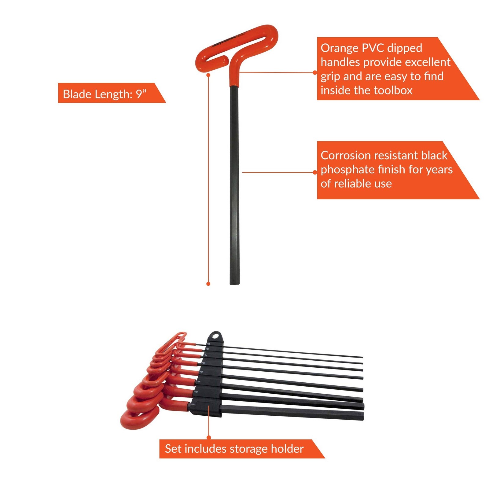 Dynamic Tools 8 Piece 9" Long T-Handle SAE Hex Key Set, 5/64" - 3/8"