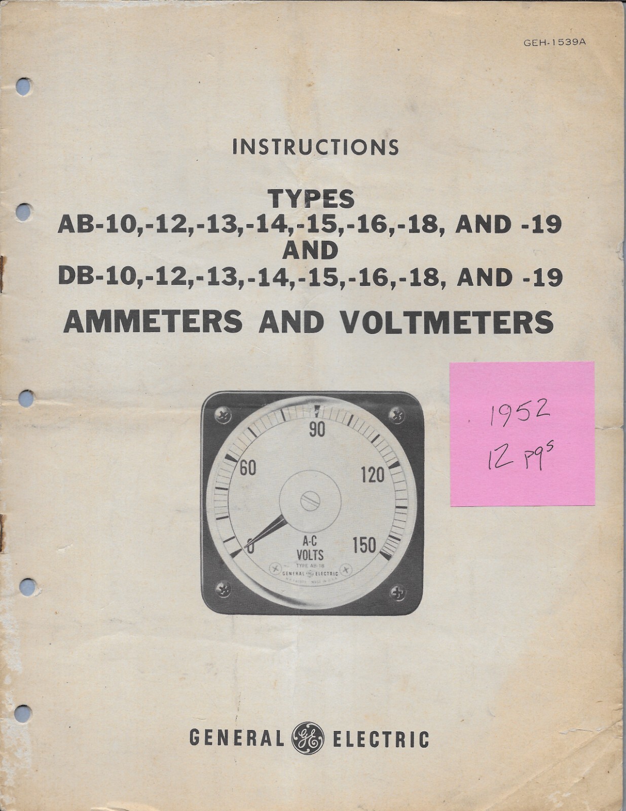 GENERAL ELECTRIC AMMETERS & VOLTMETERS INSTRUCTIONS 12 page MANUAL 1952