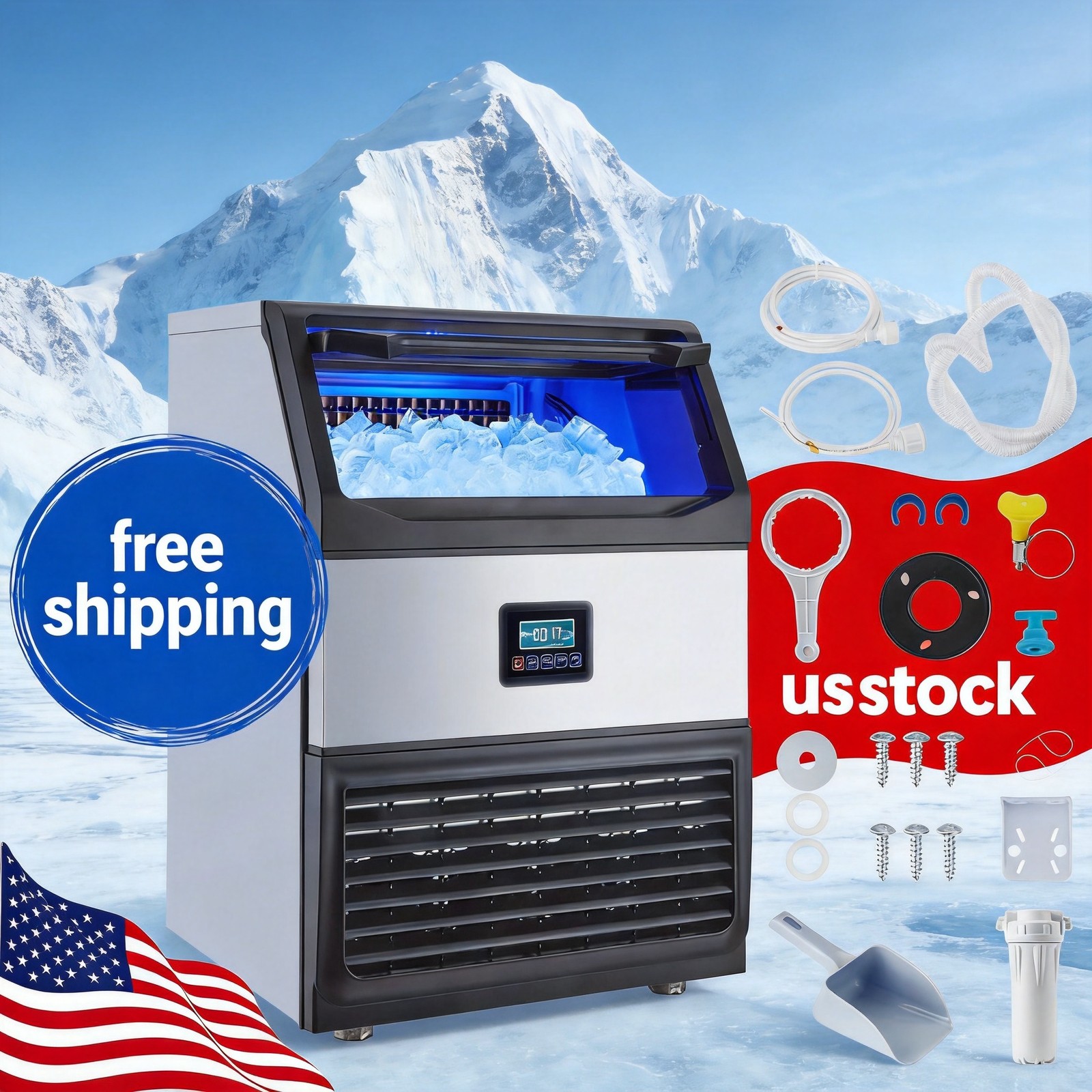 Commercial Ice Machine, 150LBS/24h with 33LBS Ice Storage Bin, Under Count Maker
