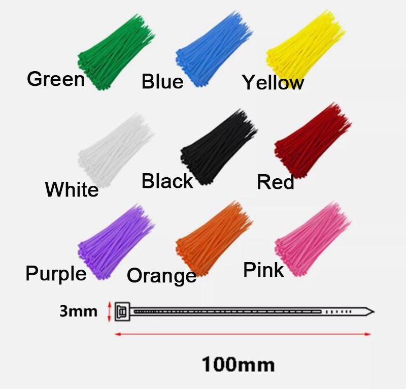 100Pcs Nylon Zip Ties Cable WireTies Bundle Fixing Device 3*100mm Various Colors