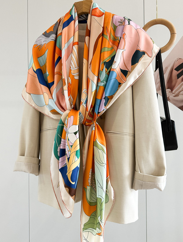 100% Twill Silk Scarf Bandana 135X135cm Prosperous Print Neckerchief Shawl wrap