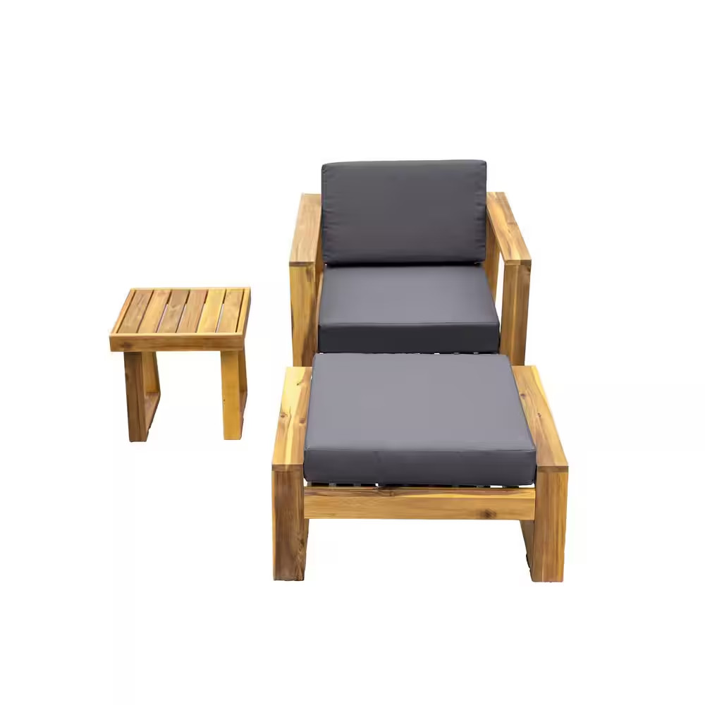 Acacia Wood Outdoor Lounge Chair with Natural+Grey and Wood with Removable Cushi