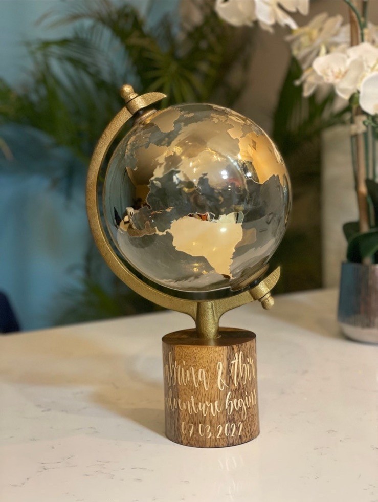15 in. Gold Wood Decorative Globe with Brown Base