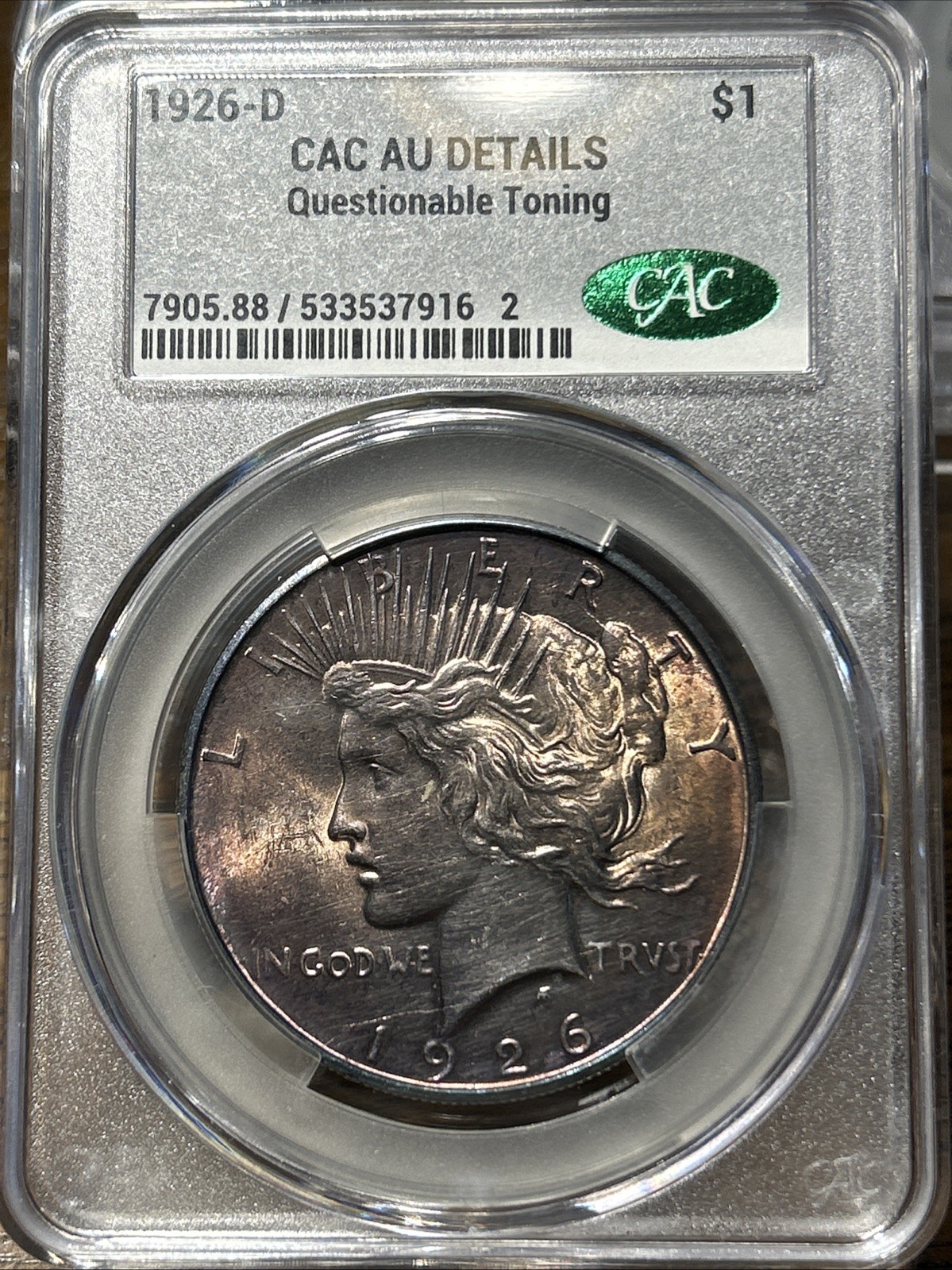 1926 D Peace Dollar CAC CACG AU Details Questionable Toning