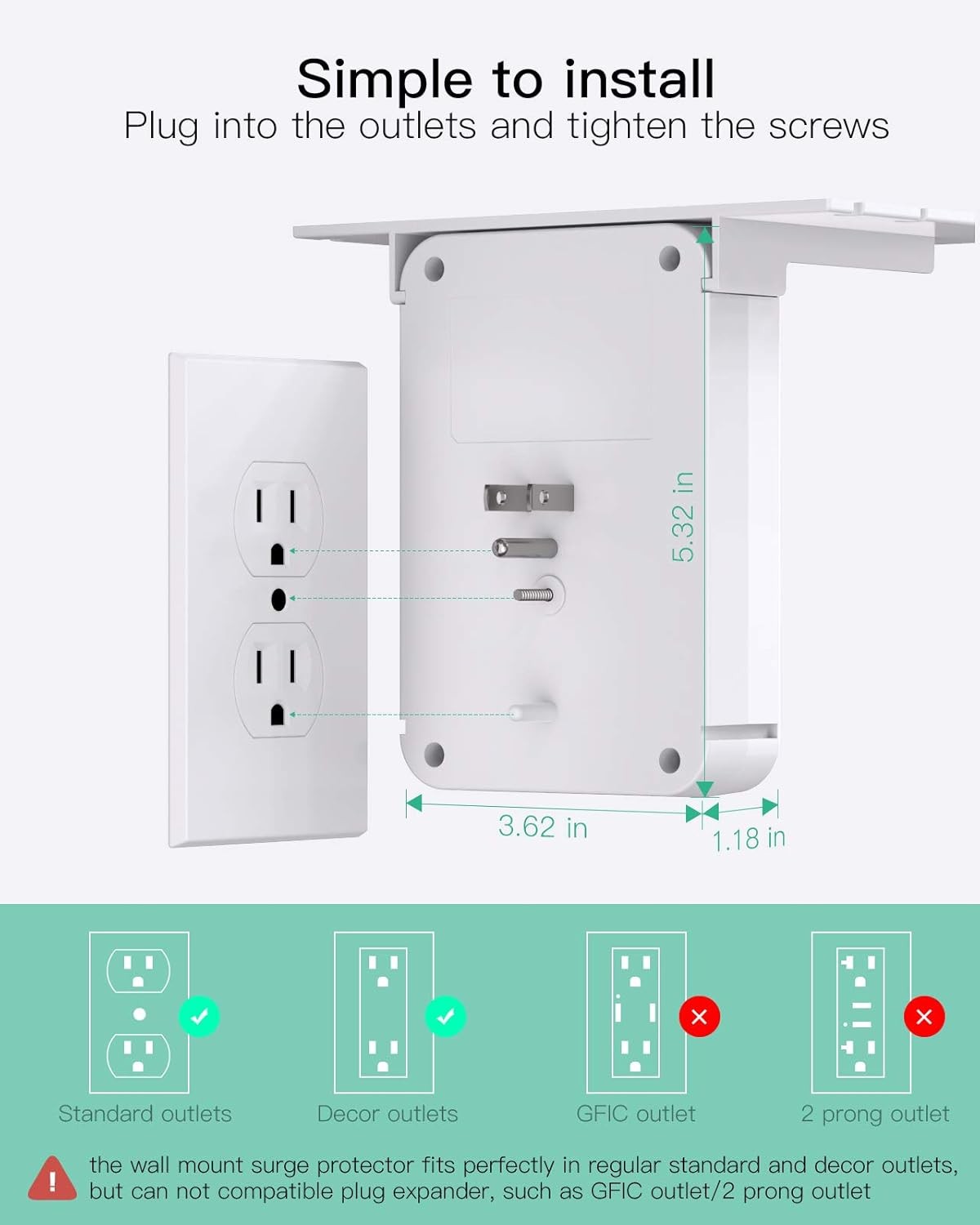 Wall Outlet Extender with Surge Protector 6 AC Outlets Shelf 2 USB & USB C