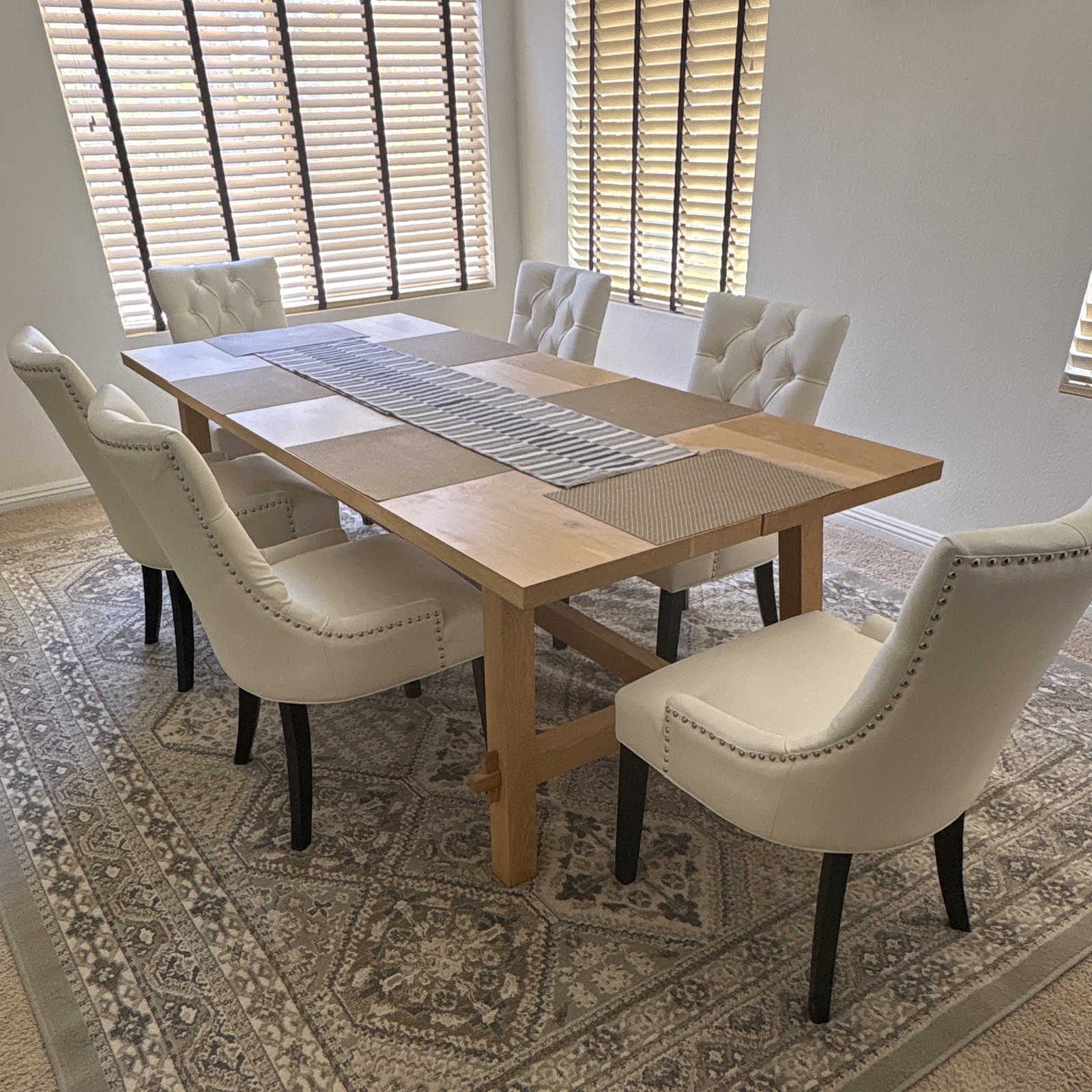 7-Piece Rectangular Light Wood Dining Table Set w/ 6 Upholstered Chairs, Solid