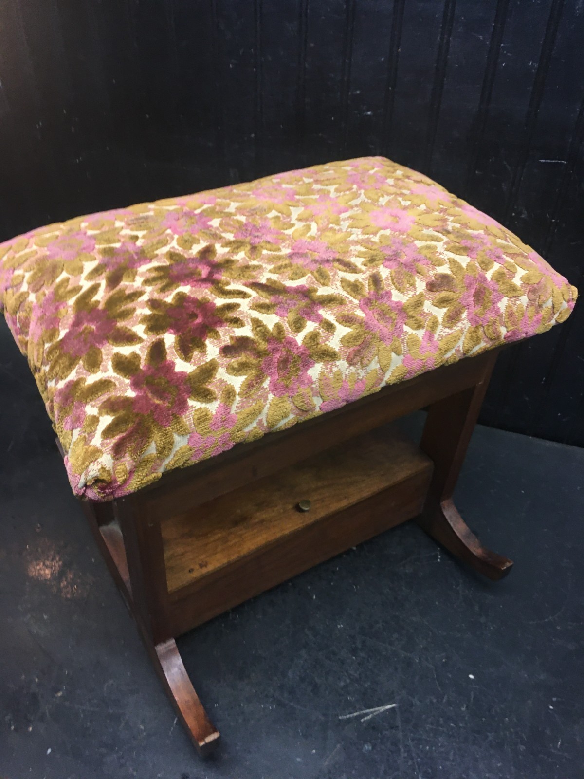 Wood Footstool- Vtg Rocking Floral Tapestry Upholstered Padded Wooden Stool