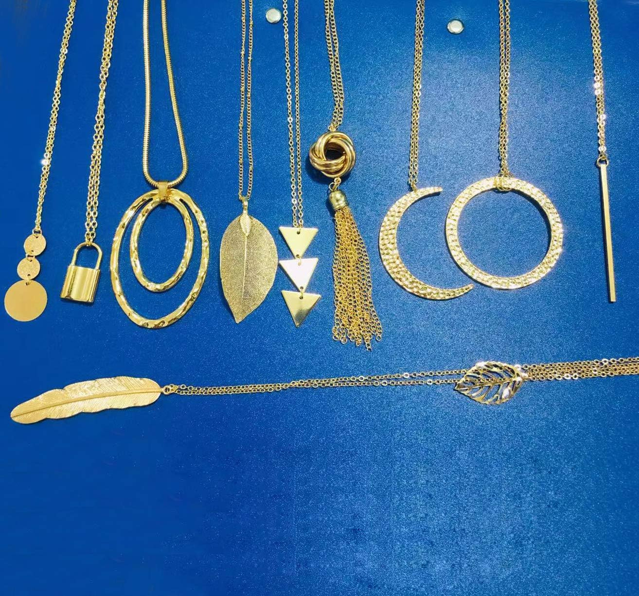10Pcs Long Pendant Necklace Simple Moon Bar Three Triangle Tassel Lock Sweater Y