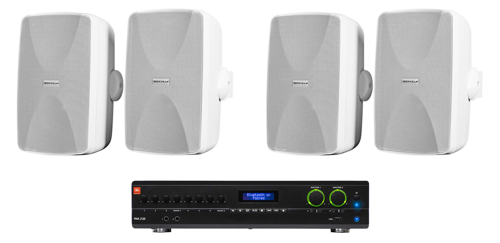 JBL VMA2120 2-Ch Commercial 70V Bluetooth Amplifier+4) 5.25" White Wall Speakers