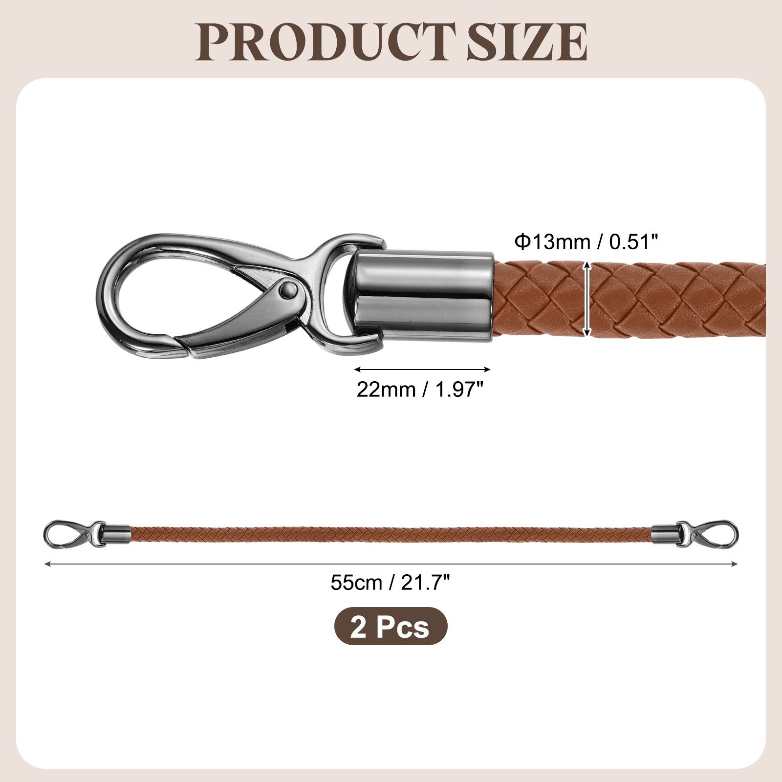 2Pcs 55cm 21.7" Braided Purse Strap PU Leather Light Brown (Black Buckle)