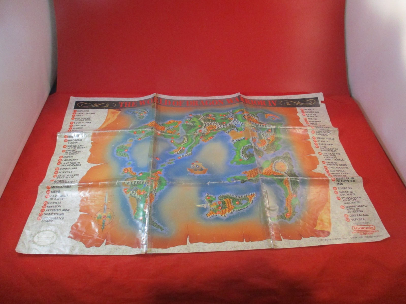 Dragon Warrior IV Nintendo NES Foldble World/Dungeon Map Poster Insert DAMAGE #N