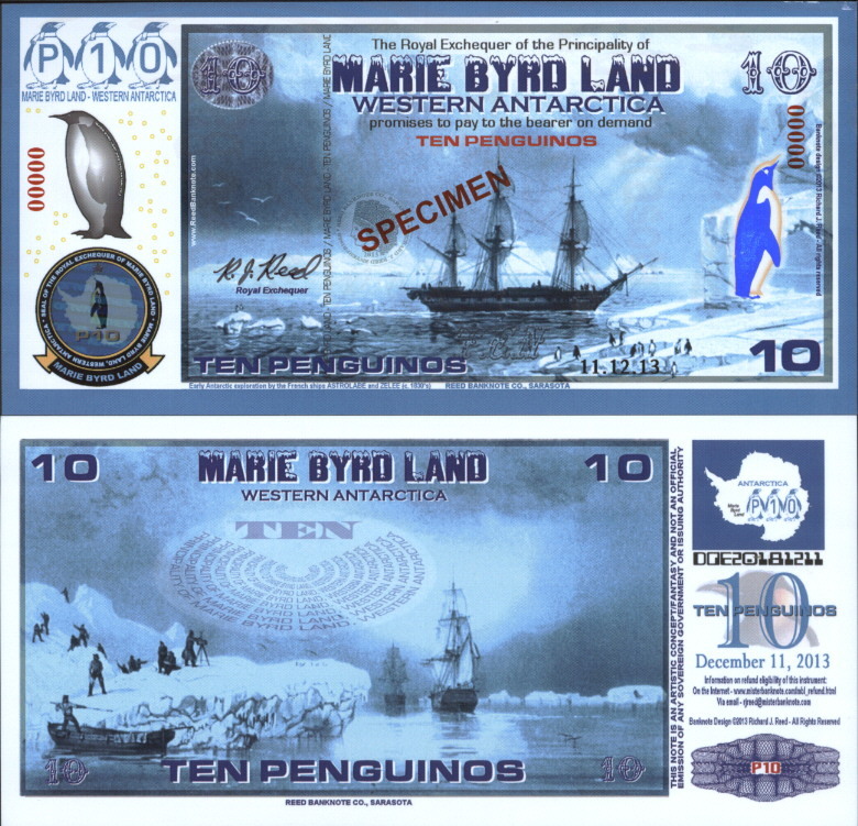 POLYMER 11.12.13 MARIE BYRD LAND 10 PENGUINO SPECIMEN FANTASY ART BANKNOTE!