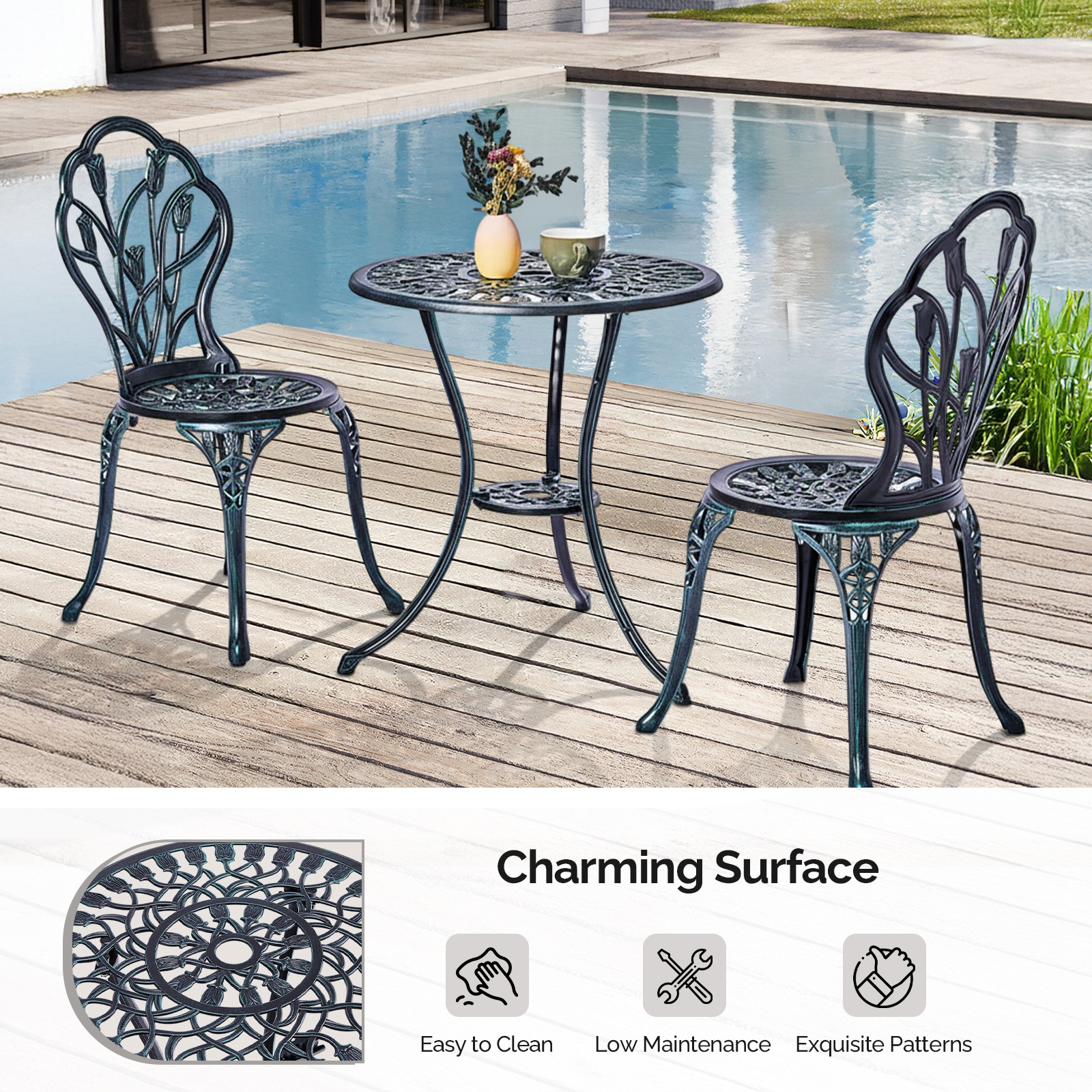3 PCS Outdoor Bistro Set Cast Aluminum Tulip Bistro Table and Chair Green