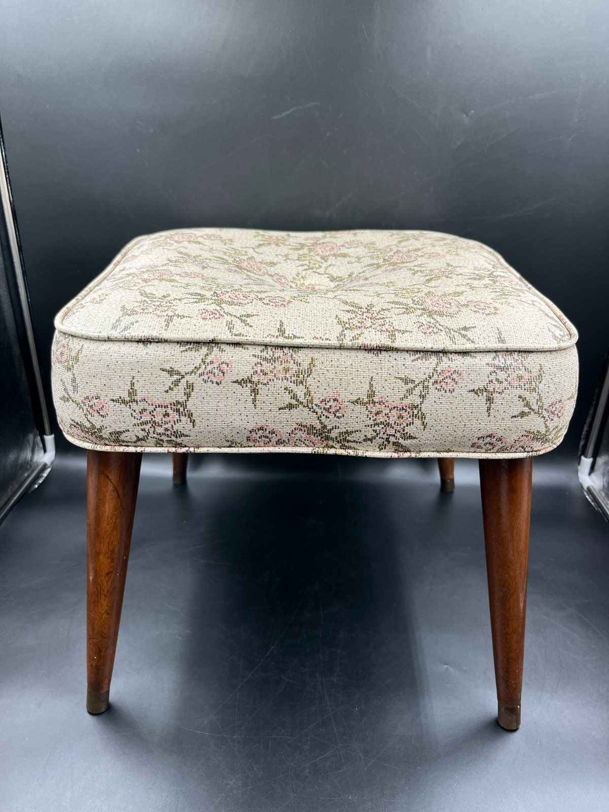 Vintage 1960s MCM Mid Century Upholstered Ottoman Foot Stool Tapered Wood Legs