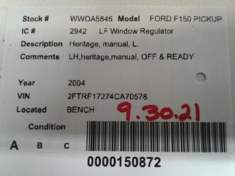 Driver Front Window Regulator Heritage Fits 99-04 FORD F150 PICKUP 1462695