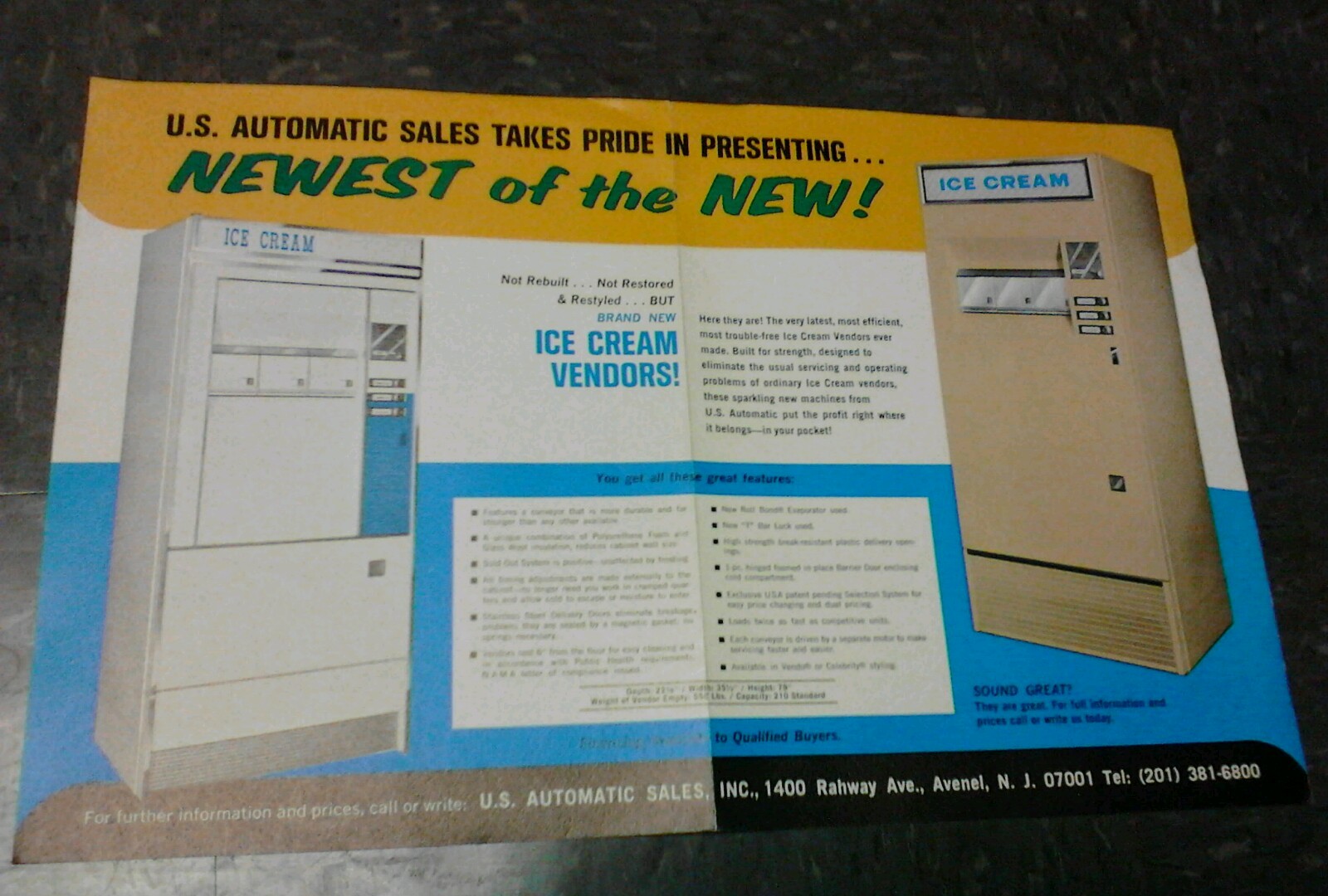 U.S. Automatic Sales ICE CREAM VENDORS flyer- opens up good original