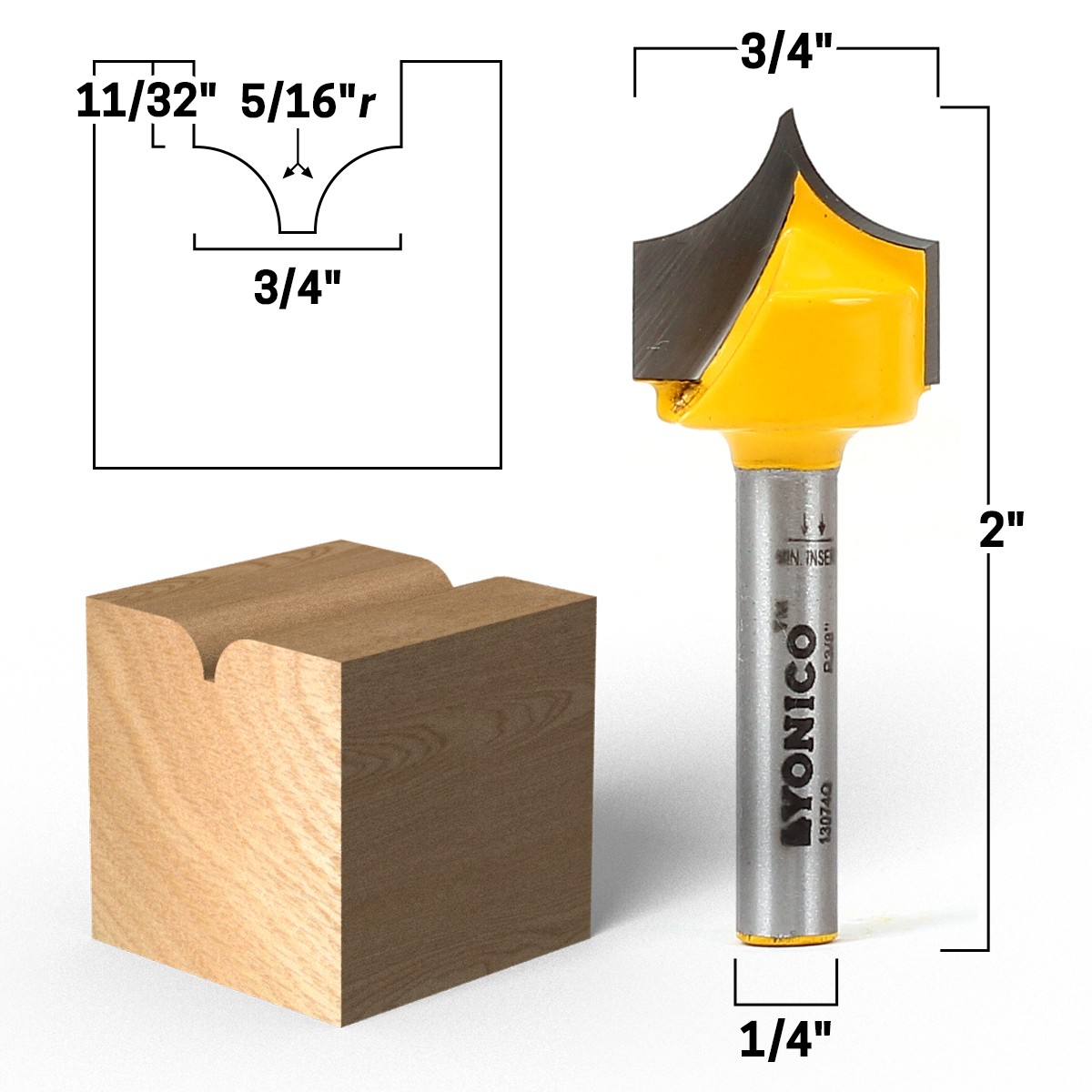 5/16" Radius Point Cutting Round Over Router Bit - 1/4" Shank - Yonico 13074q