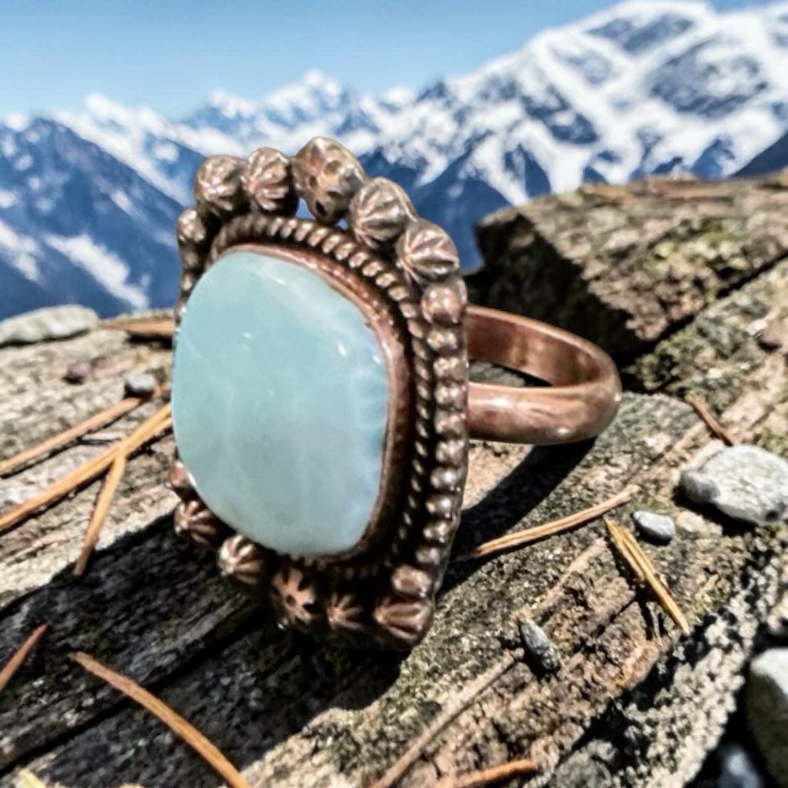 Artisan Larimar Turquoise Cabochan Copper Ring Adj 6-9