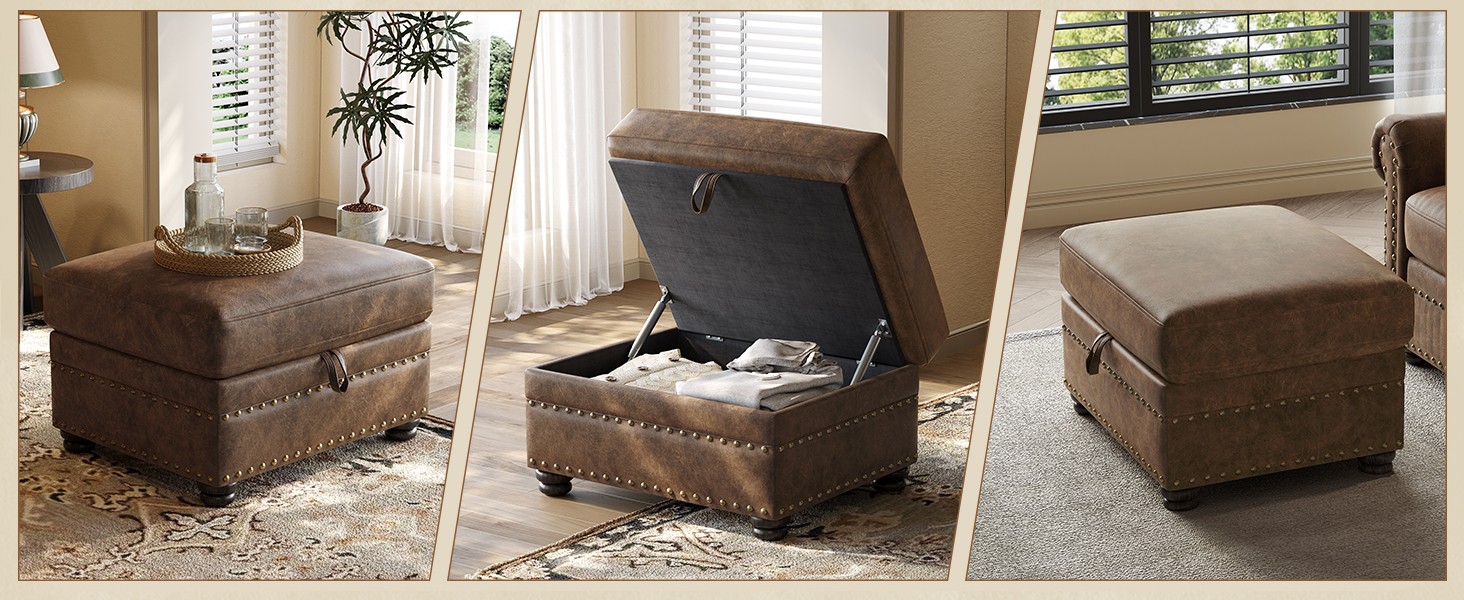 Faux Leather Ottoman with Storage, Rectangle Ottoman Coffee Table with Nailhead
