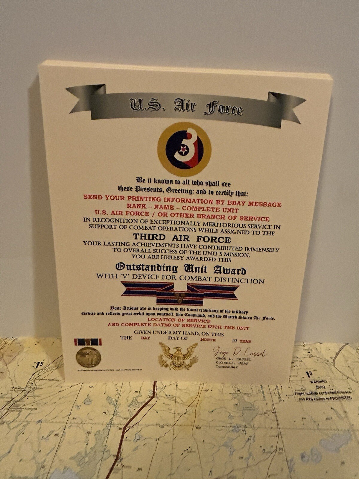 U.S. AIR FORCE / 3RD AIR FORCE - OUTSTANDING UNIT AWARD W/V DEVICE CERTIFICATE