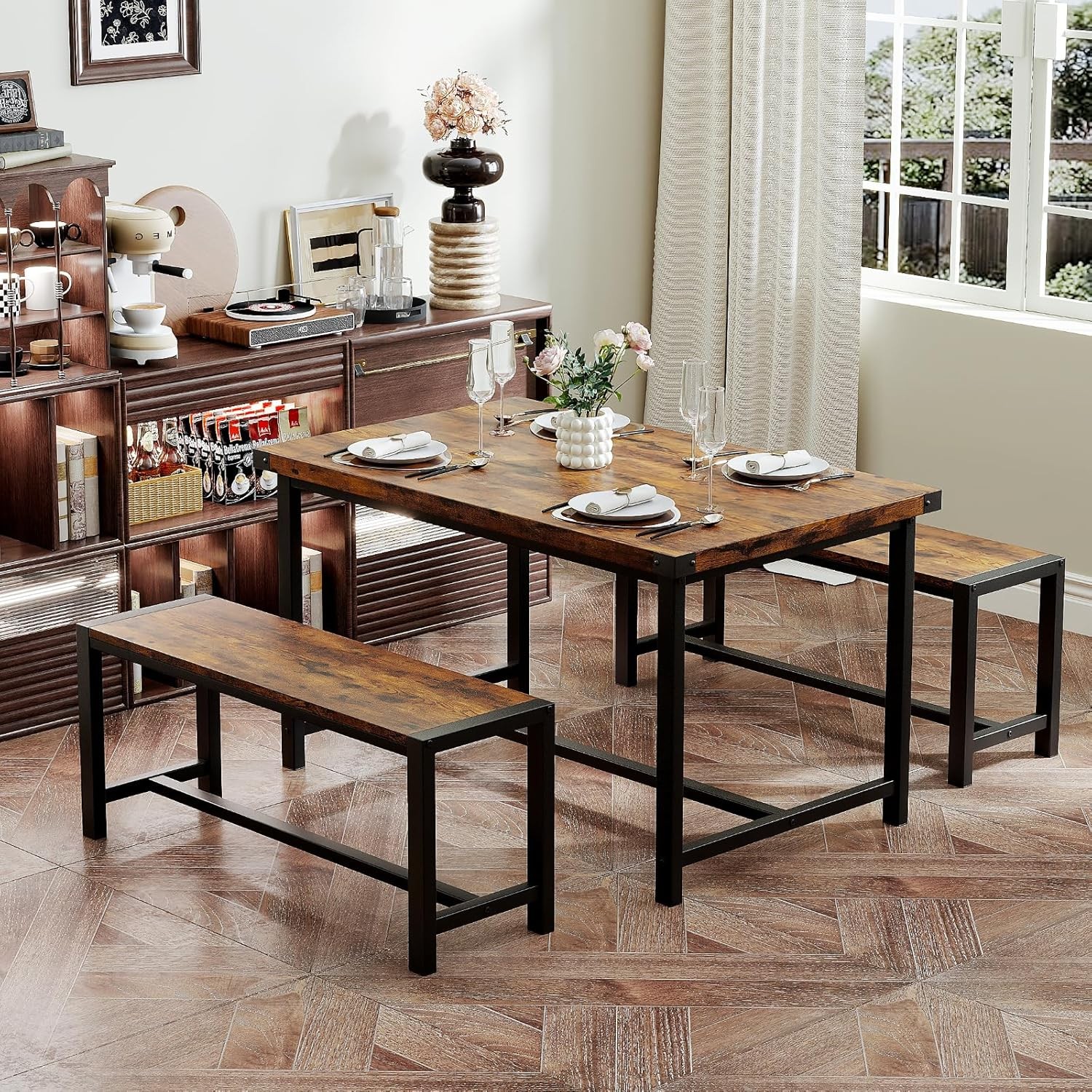 Dining Table with 2 Benches Industrial, 3 Piece Set for Small Kitchen Apartment