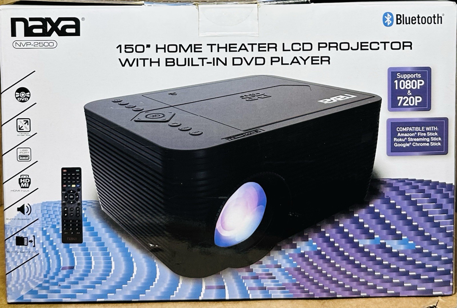 New Naxa NVP-2500 Home Theater 720p 150” LCD Projector With Built-in DVD Player
