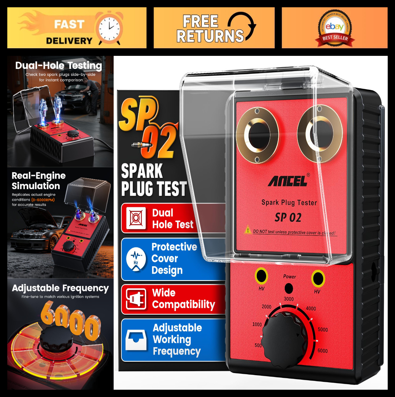 Automotive Spark Plug Tester & Ignition Coil Tester - Dual Hole, 0-6000 RPM, Adj