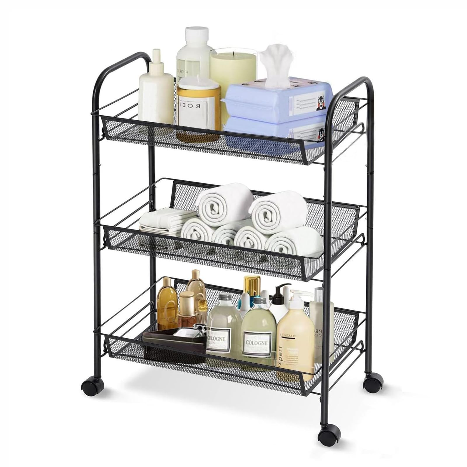 facdiwok 3 Tier Metal Rolling Cart, Bathroom Organizer Wire 17.3"W, Black