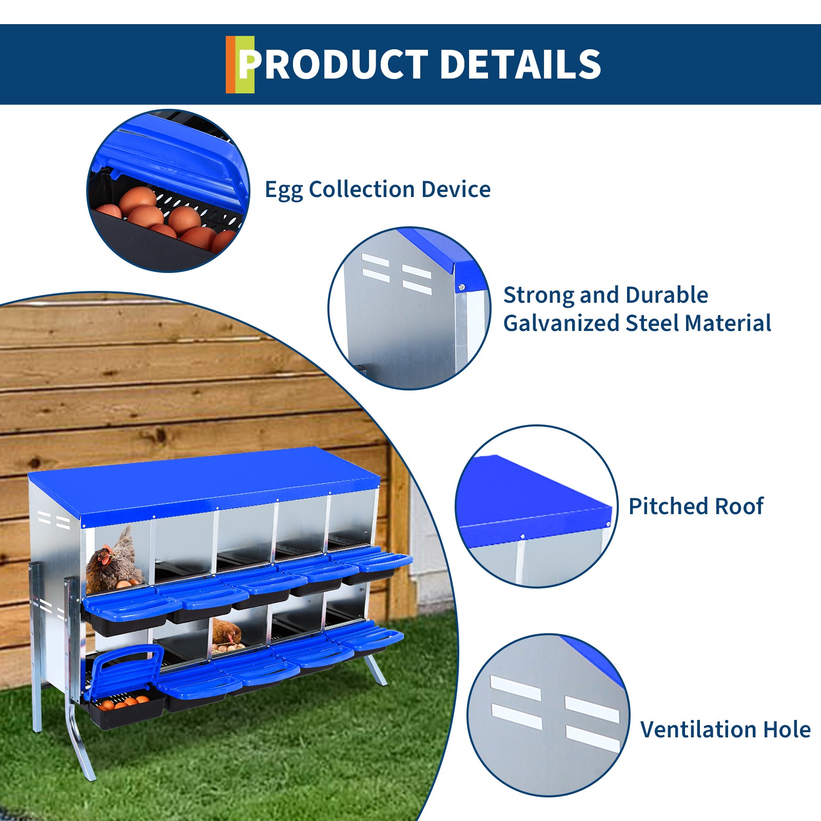 Metal Chicken Nesting Box 10-Compartment Roll Away Nest Box, Protective Lid