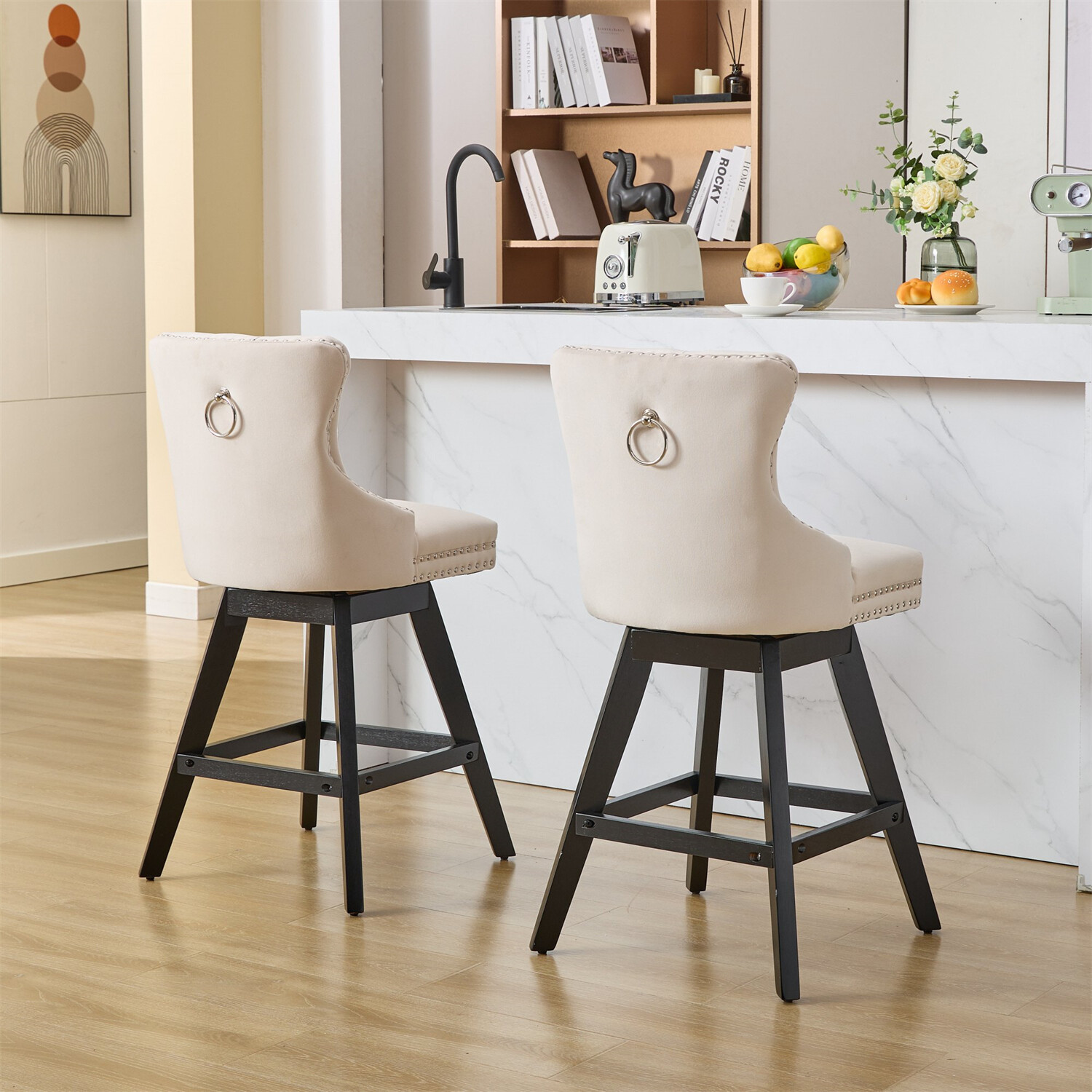 Set of 2 Swivel Velvet Bar Stools Bar Chair Counter Height Dining Chair