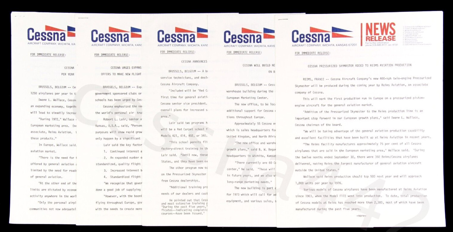 CESSNA News Release BRUSSELS REIMS Corporate Memo Original 1972 SUPER SKYMASTER