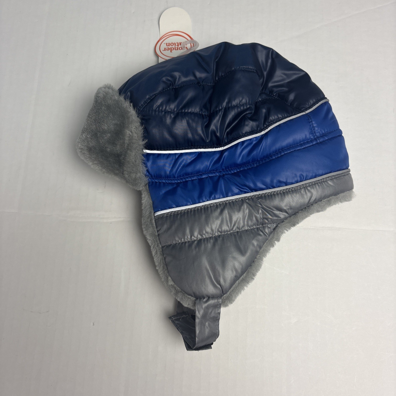 Kids Toboggan Hat Blue Gray Faux Fur Quilted Puffer Trapper Chin Strap New Tags