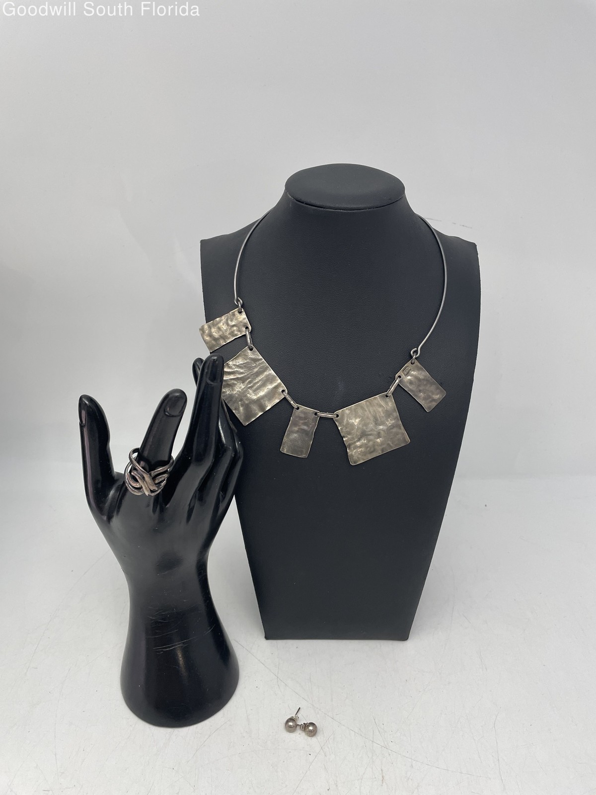 Silver Stamped/Unstamped Necklace-Earrings-Ring (3 Pcs) Weight 30g
