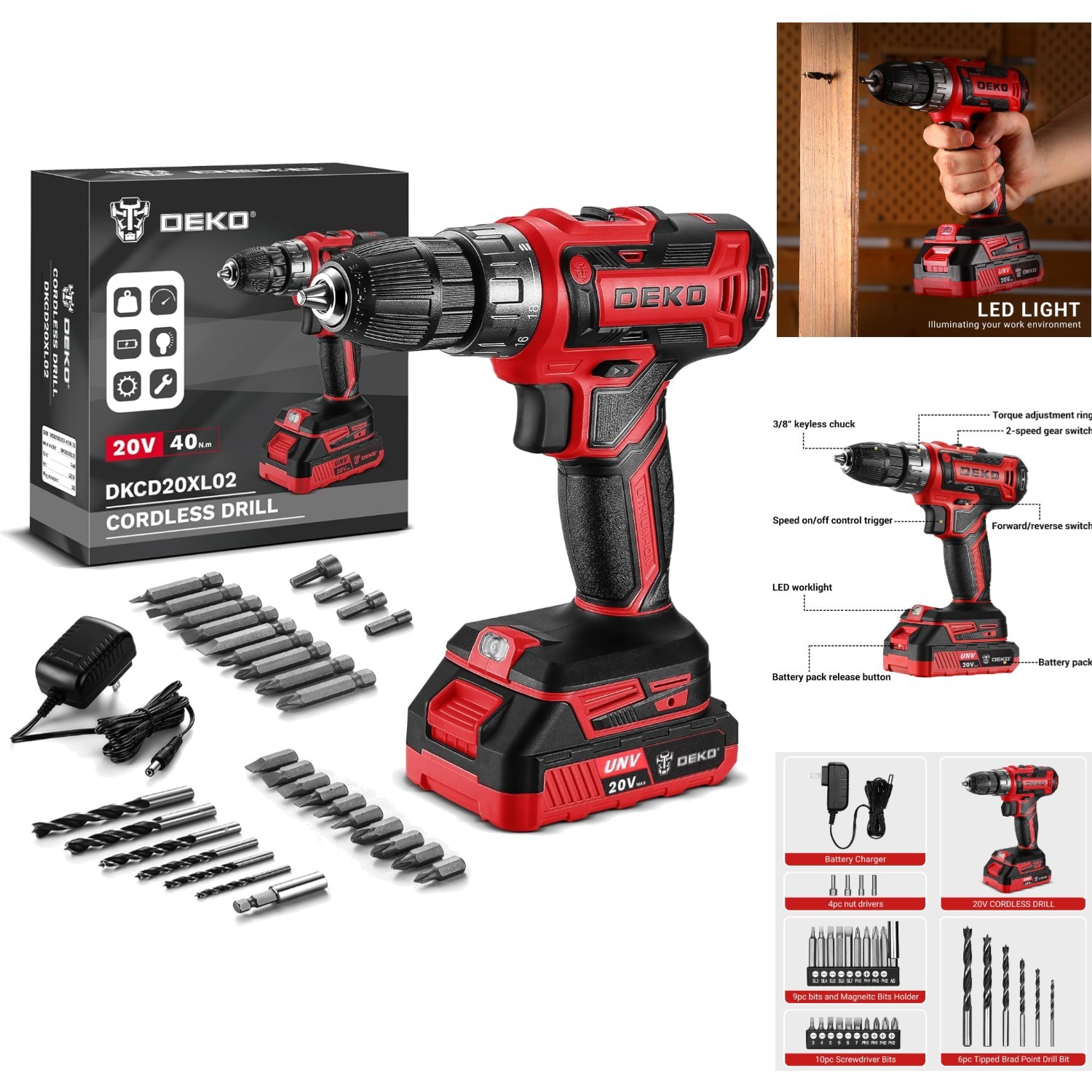 20V Cordless Power Drill Set 3/8" Keyless Chuck Electric Driver with Battery Red