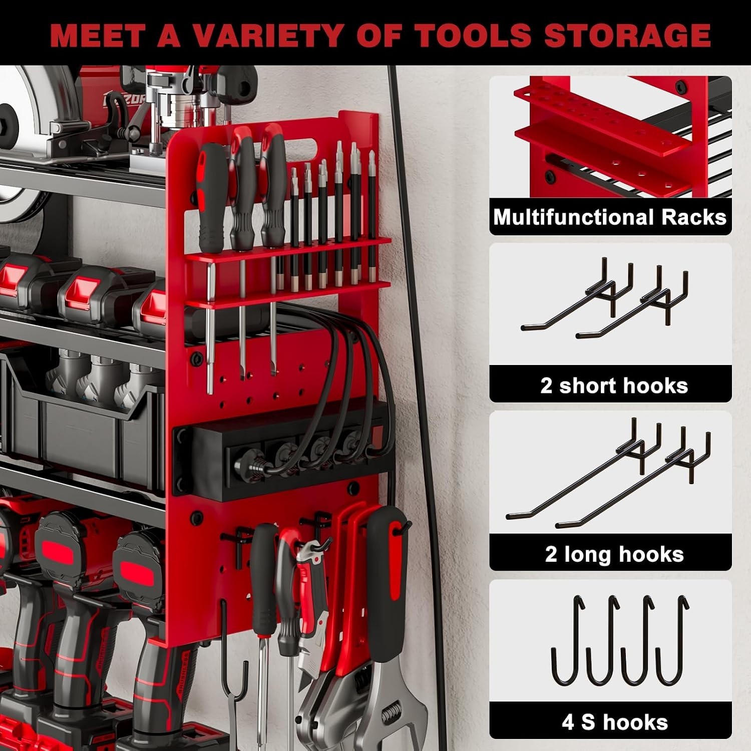 Sturdy Wall-Mounted Tool Rack with Pegboard Design & 4-Outlets for Power Tools