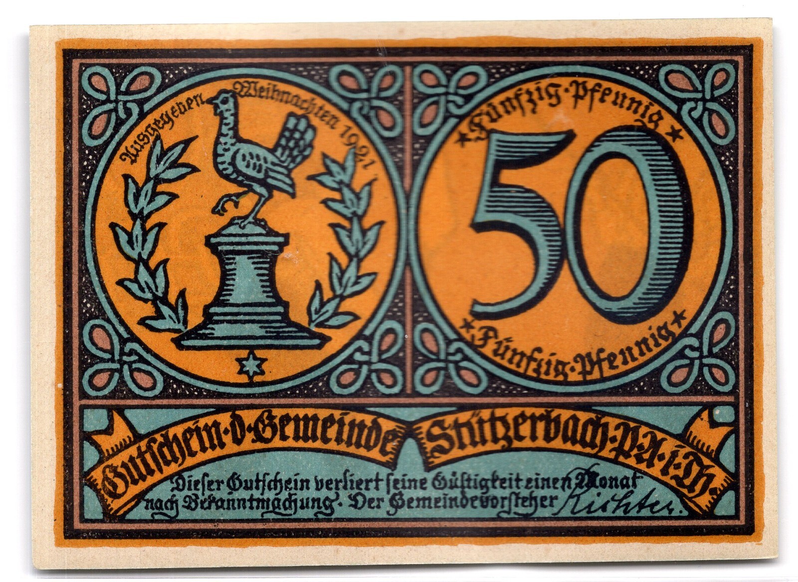 1921 Germany Stutzerbach Notgeld 50 Pfennig Note (NG1054)