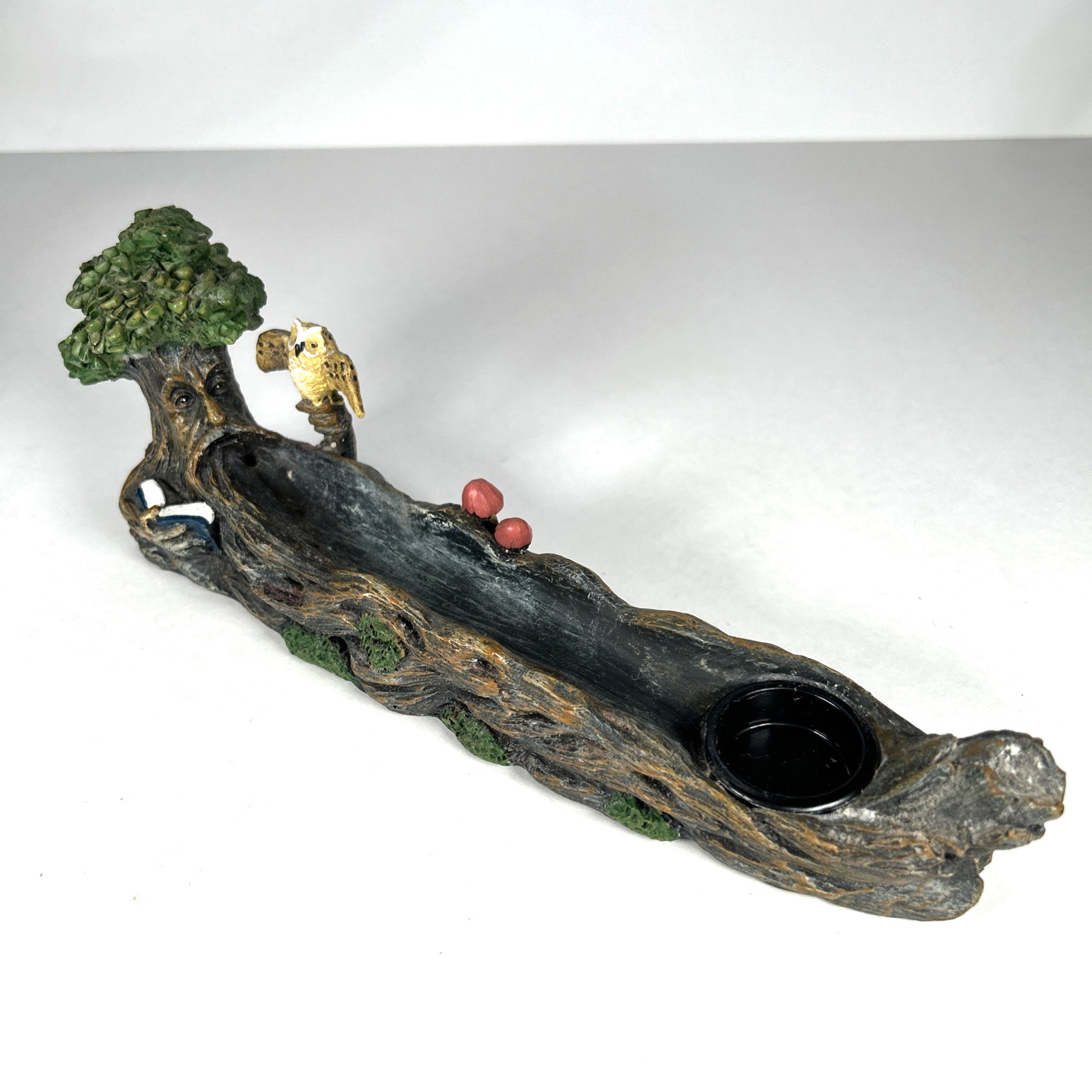 Reading Tree Log Incense Holder Burner with Owl & Mushrooms Fantasy