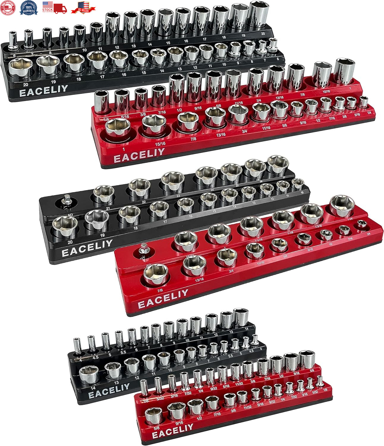 6Pcs Magnetic Socket Organizer Set, 1/2", 1/4" and 3/8" SAE & Metric Deep & Shal