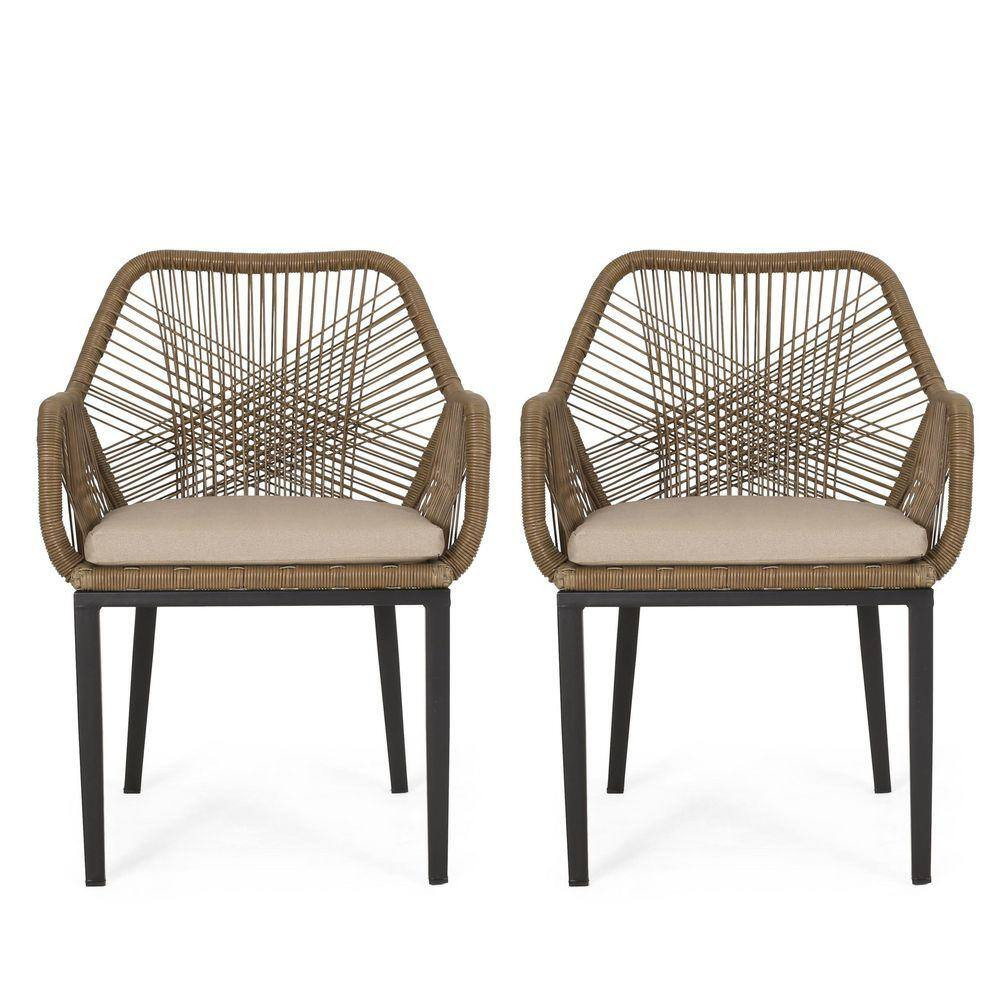 2-Piece Brown Outdoor Wicker Dining Chair with Beige Cushions, Weather Resistant